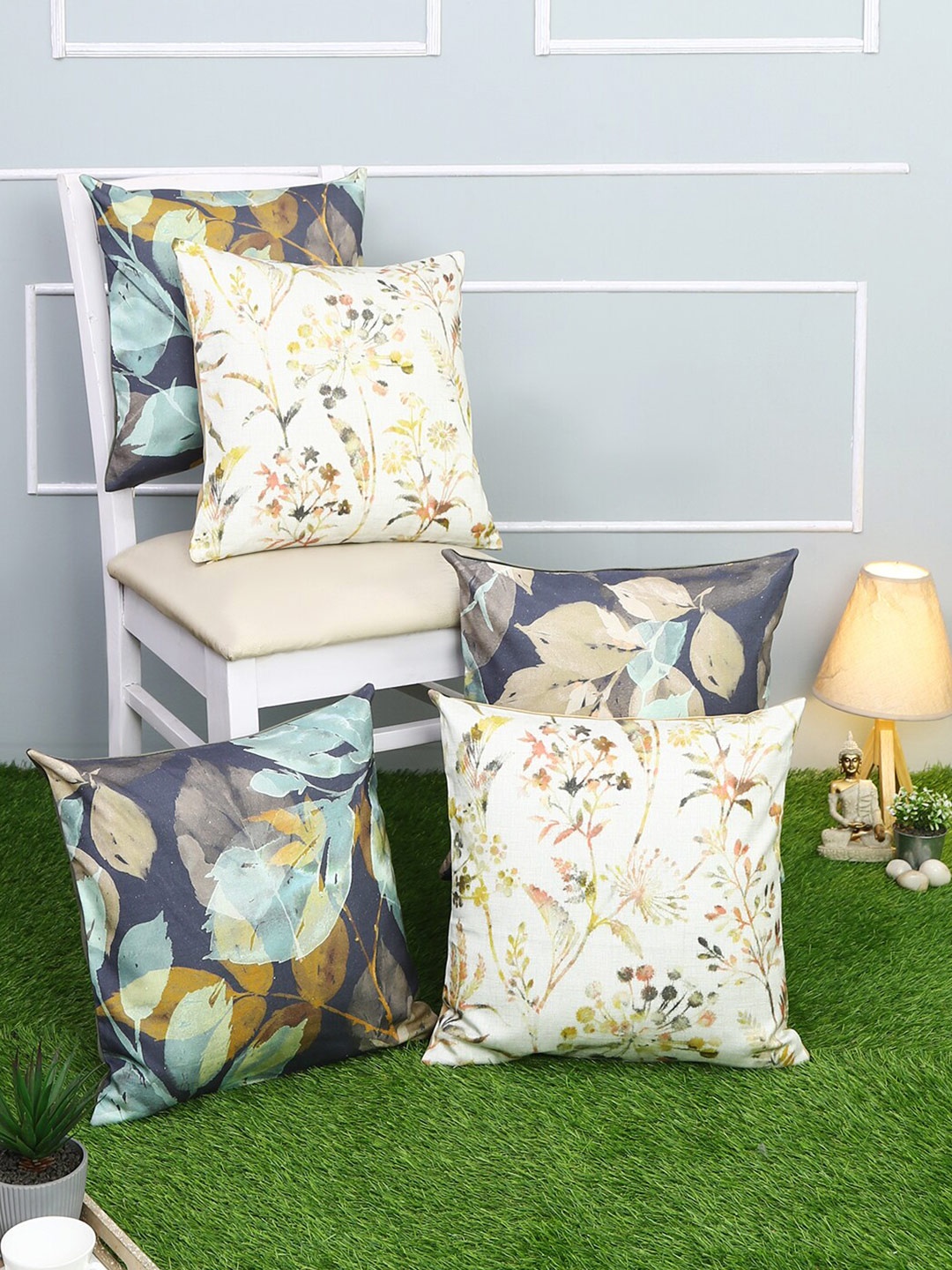 

Just Home Set of 5 Blue & White Pure Cotton Digital Printed Square Cushion Cover