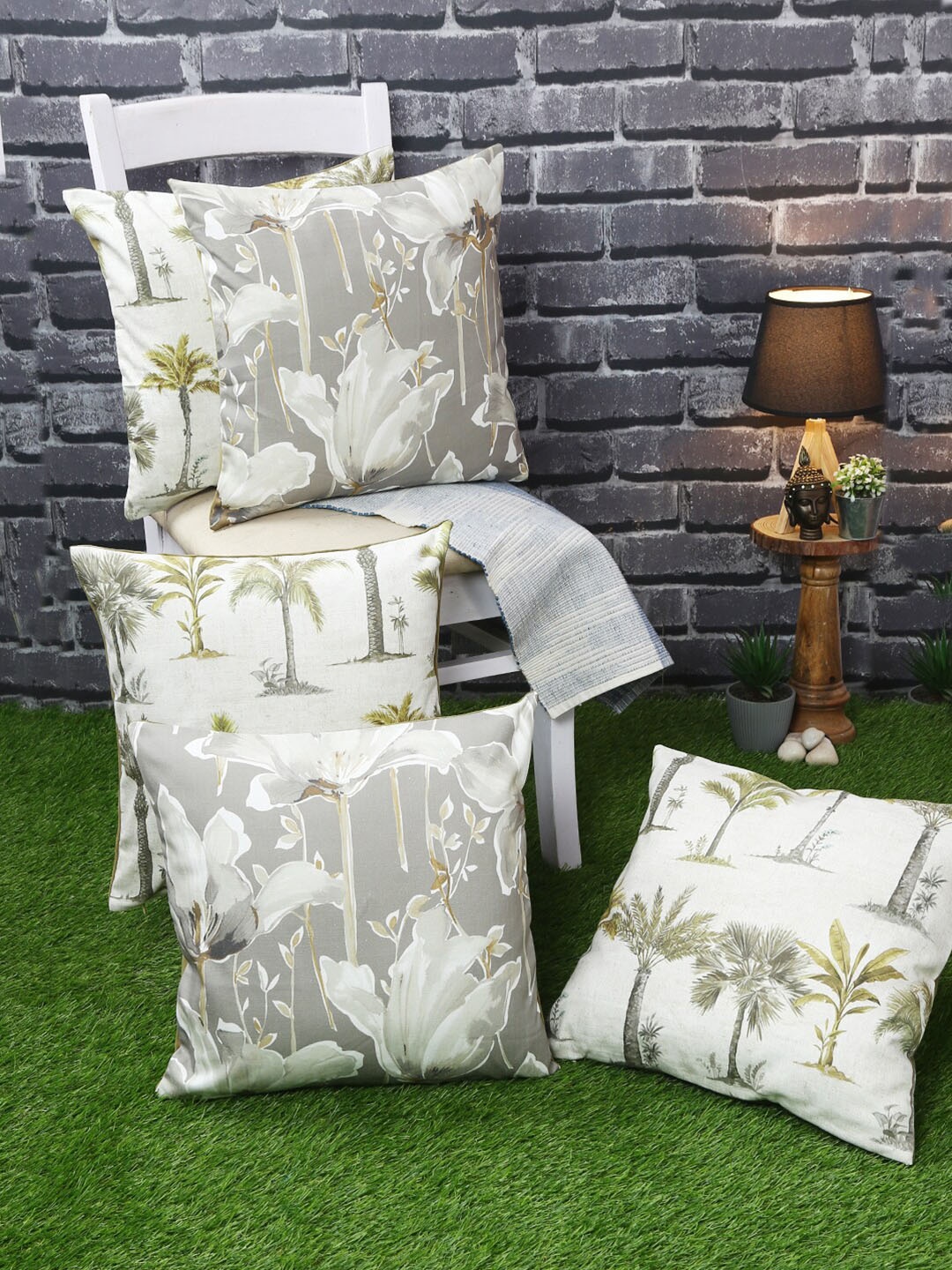 

Just Home Set of 5 Grey & Olive green Pure Cotton Digital Printed Square Cushion Cover