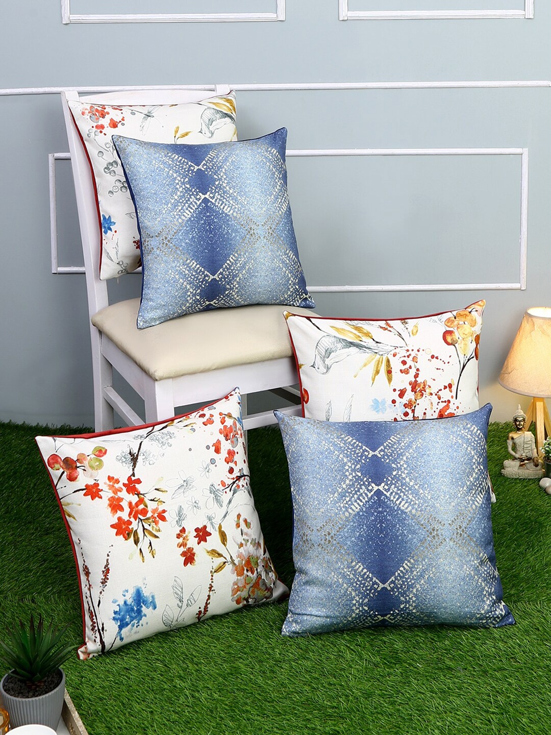 

Just Home Set of 5 Red & Navy Blue Pure Cotton Digital Printed Square Cushion Cover