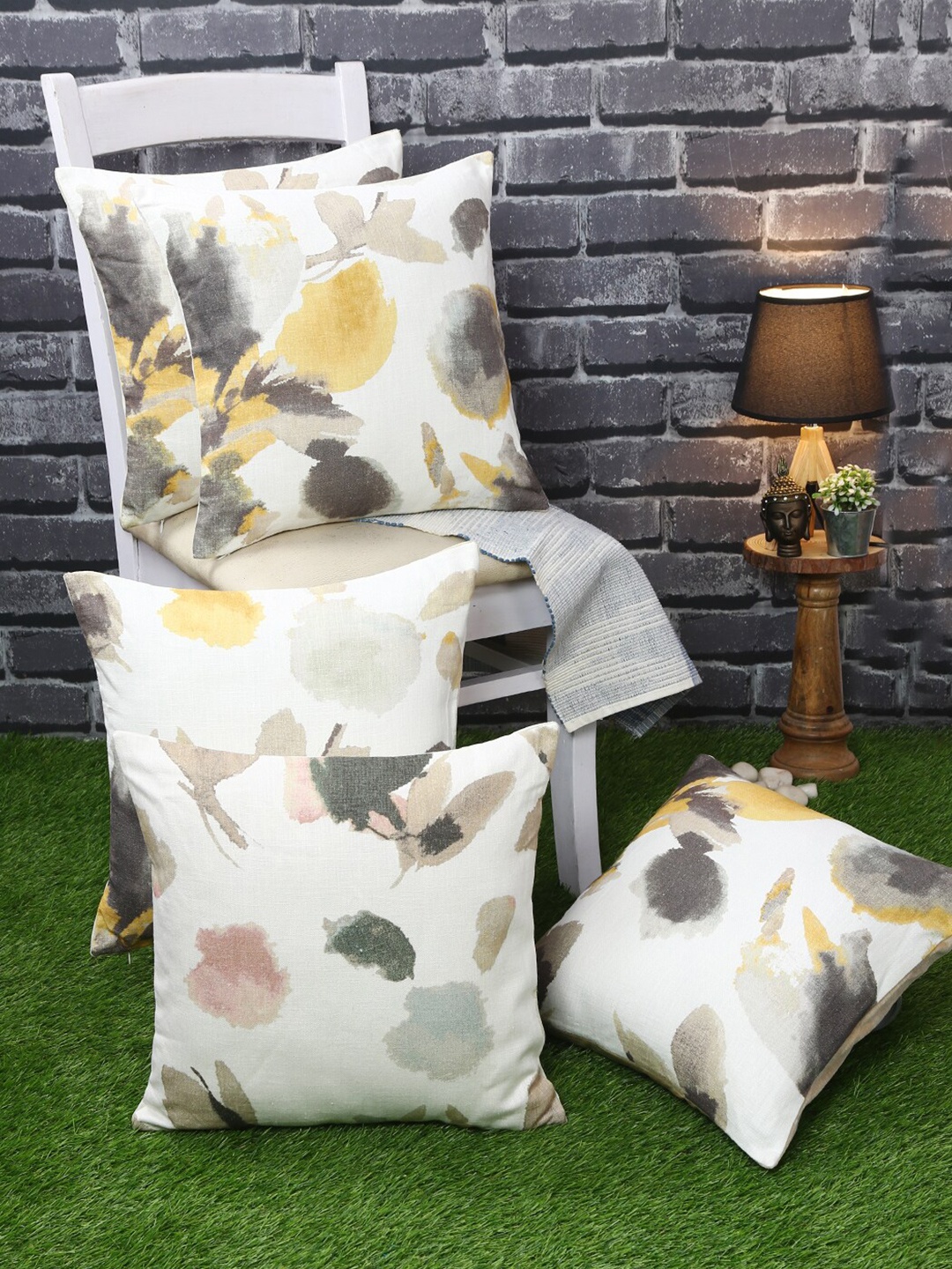 

Just Home Set of 5 Beige & White Pure Cotton Digital Printed Square Cushion Cover