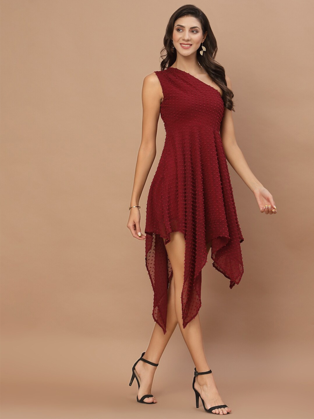 

KASSUALLY Women Burgundy Georgette One Shoulder Fit & Flare Dress