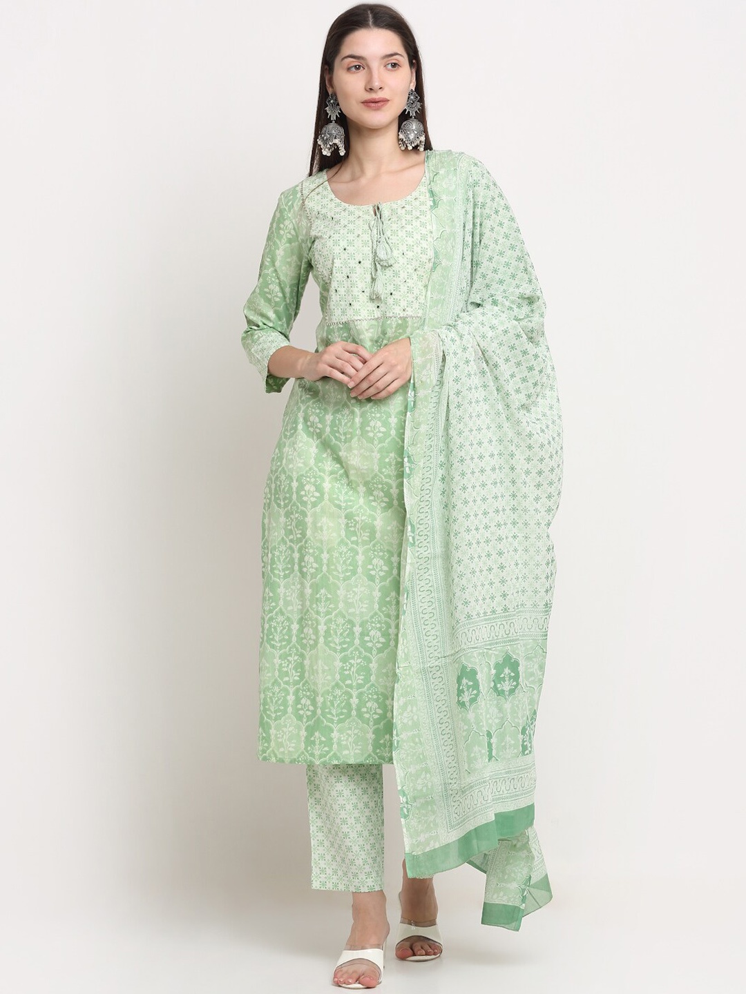 

KALINI Women Green Ethnic Motifs Printed Mirror Work Pure Cotton Kurta with Trousers & With Dupatta