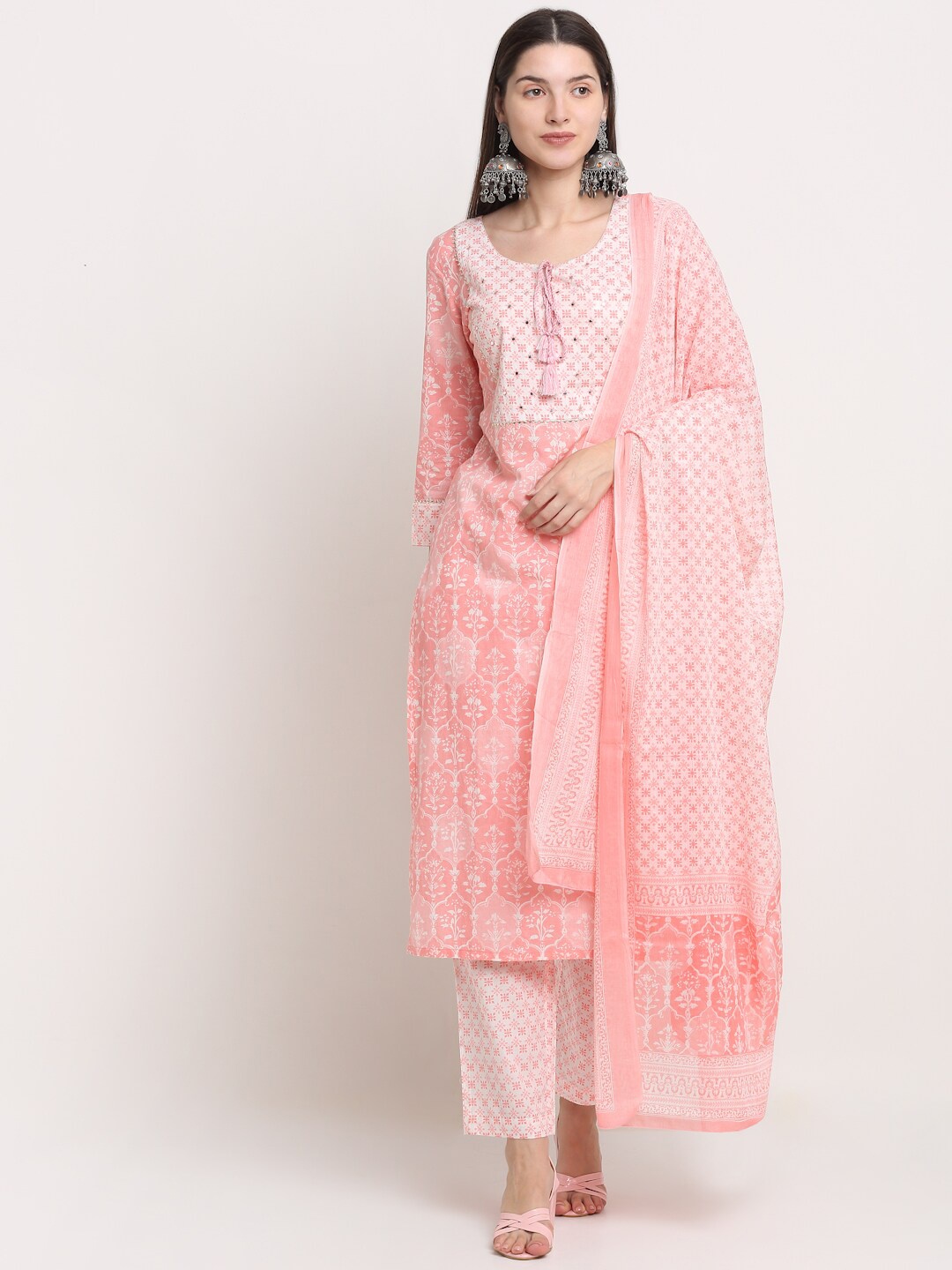 

KALINI Women Peach-Coloured Yoke Design Pure Cotton Kurta with Trousers & Dupatta