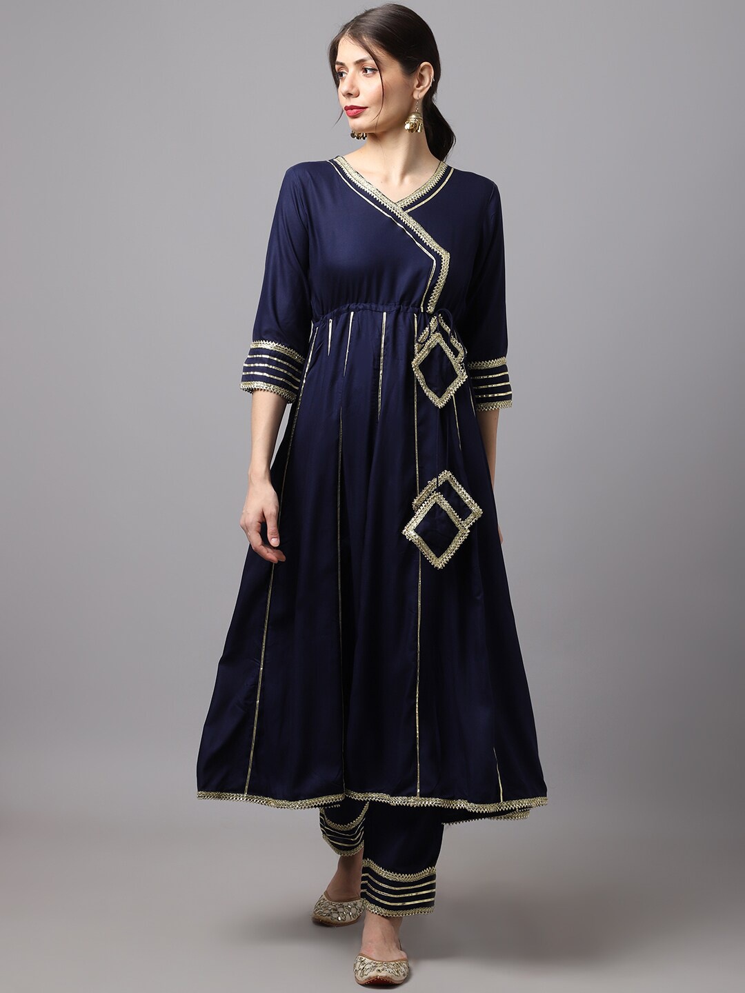 

Rudra Bazaar Women Navy Blue Striped Angrakha Gotta Patti Kurta with Trousers