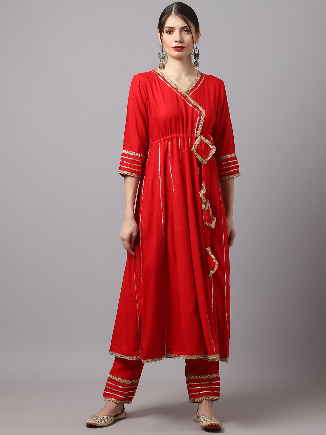 

Rudra Bazaar Women Red Embroidered Angrakha Gotta Patti Kurta with Trousers