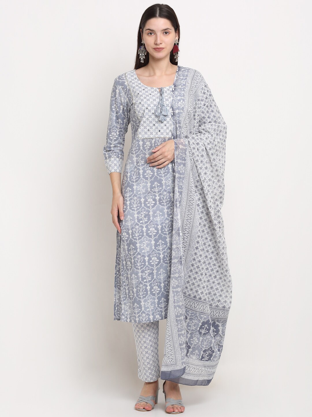 

KALINI Women Grey Ethnic Motifs Printed Mirror Work Pure Cotton Kurti with Palazzos & With Dupatta