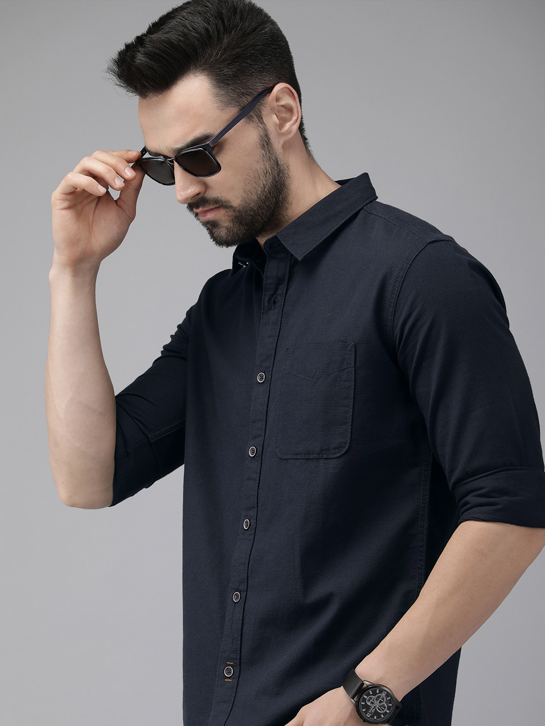 

Pepe Jeans Men Navy Blue Solid Pure Cotton Casual Shirt
