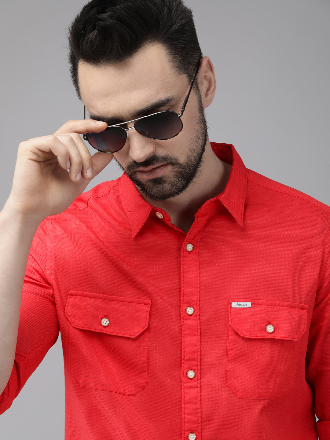 

Pepe Jeans Men Red Self Design Micro Checks Pure Cotton Casual Shirt