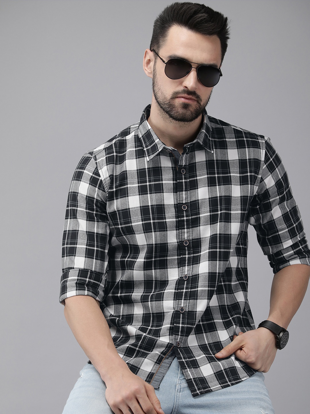 

Pepe Jeans Men Black Grid Tattersall Checked Casual Shirt
