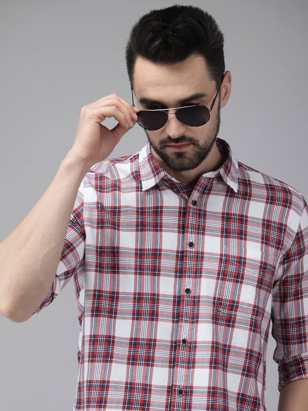 

Pepe Jeans Men Red Grid Tattersall Checked Pure Cotton Casual Shirt