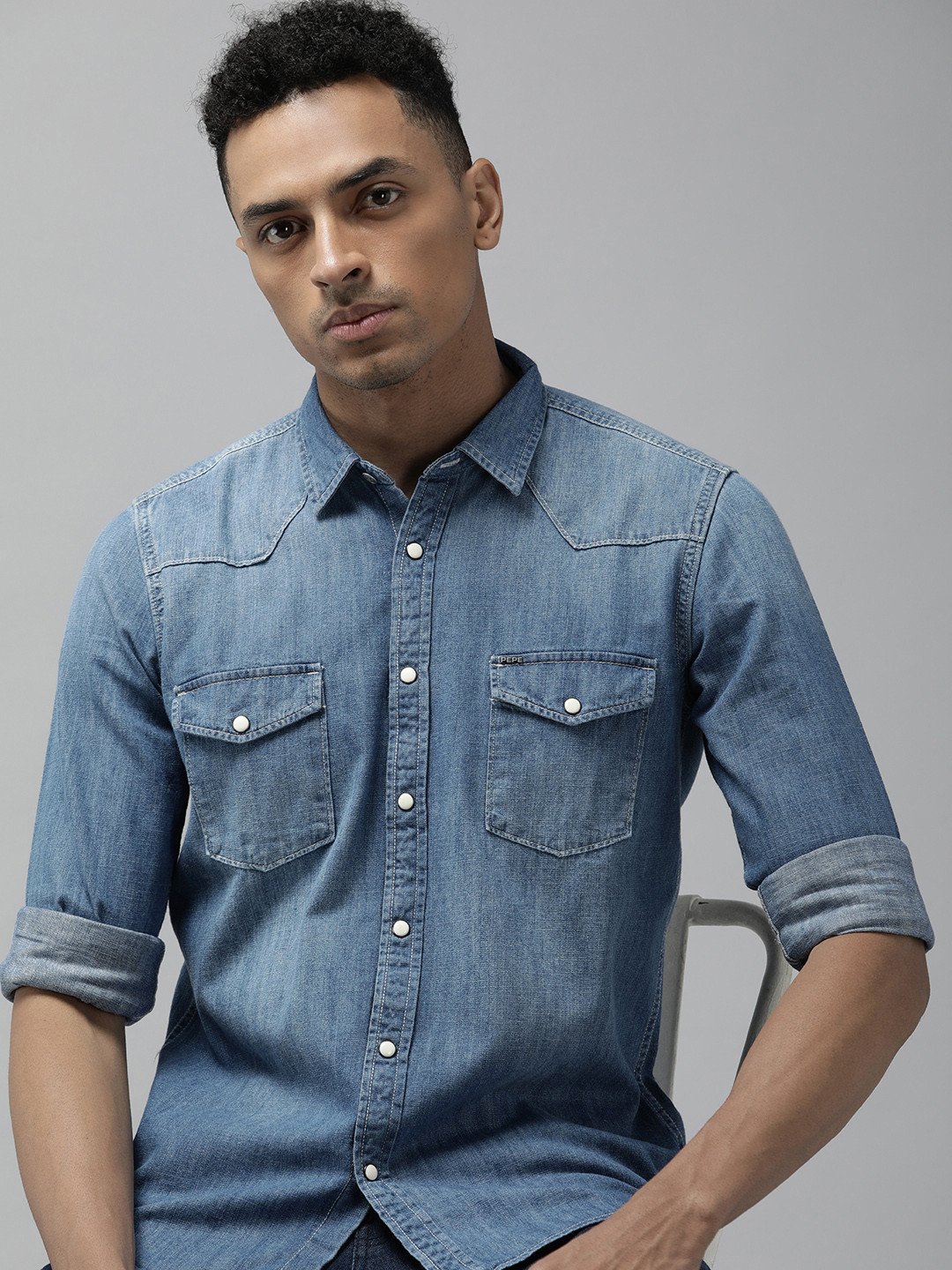 

Pepe Jeans Men Pure Cotton Solid Opaque Denim Casual Shirt, Blue