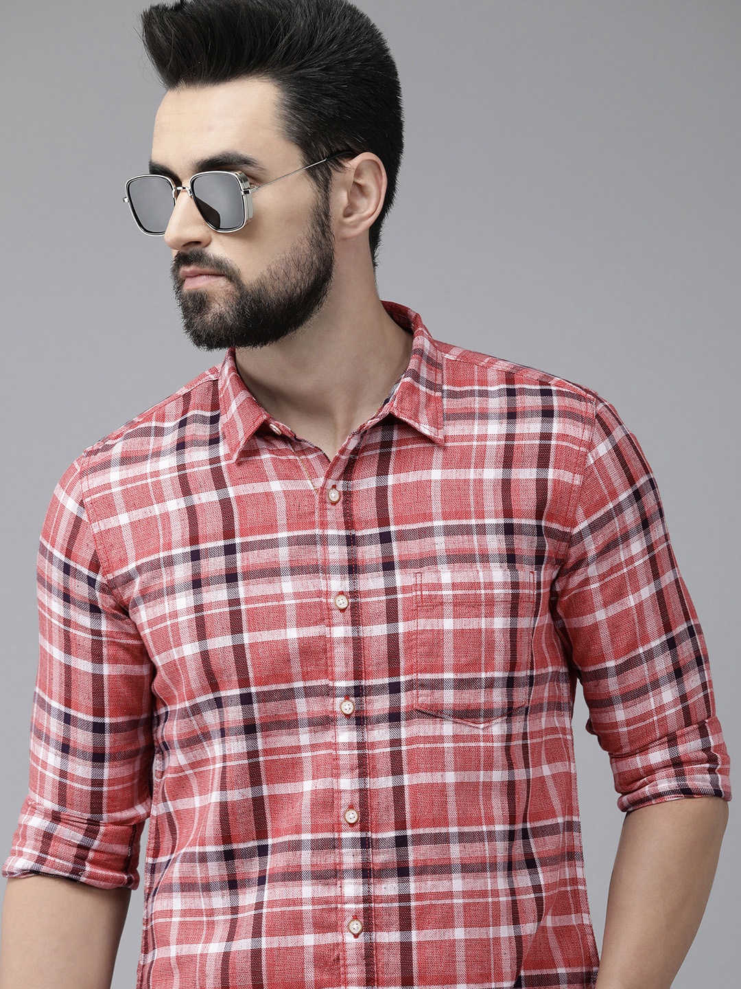 

Pepe Jeans Men Coral Red & White Tartan Checked Casual Shirt