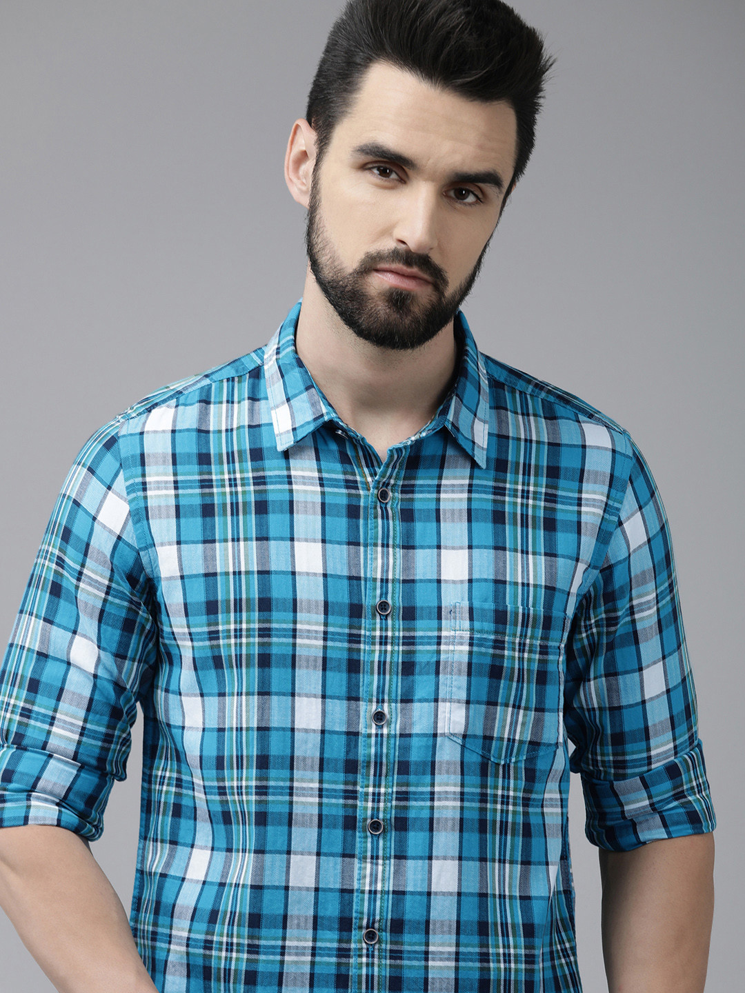 

Pepe Jeans Men Blue & White Tartan Checked Pure Cotton Casual Shirt