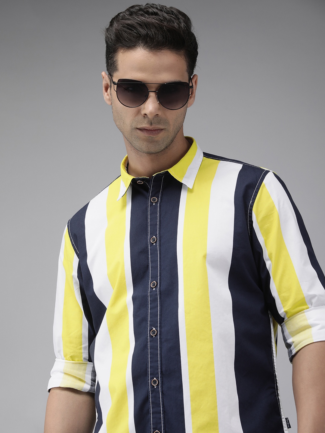 

Pepe Jeans Men Navy Blue And Yellow Striped Pure Cotton Casual Shirt