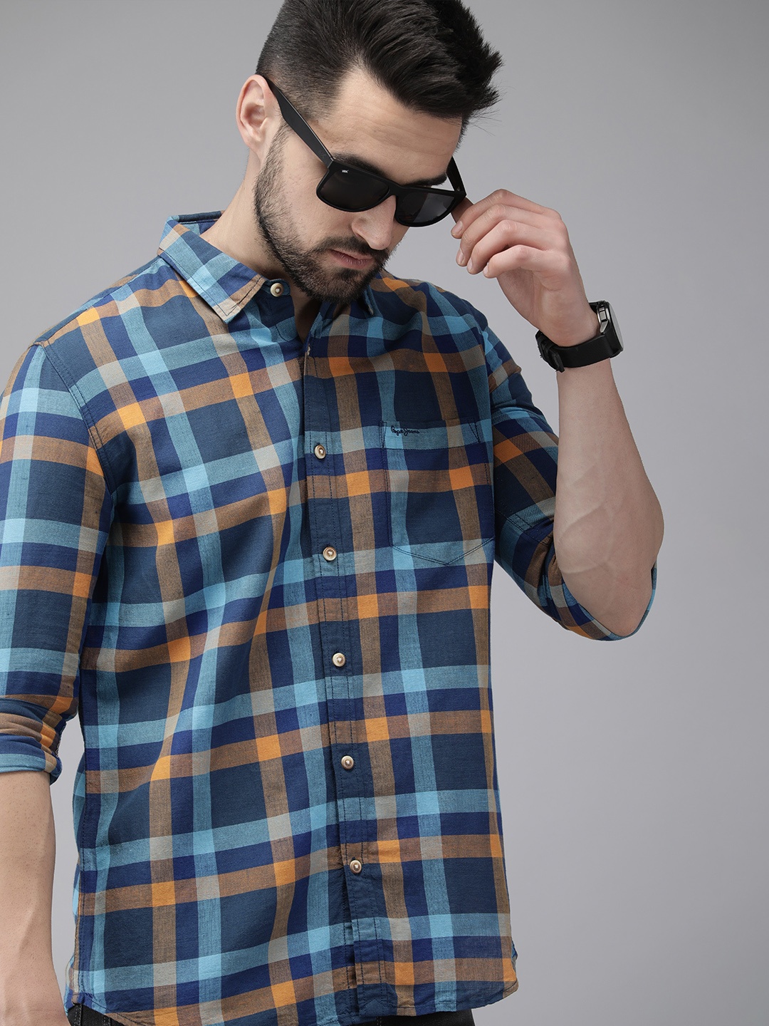 

Pepe Jeans Men Blue And Mustard Checked Cotton Linen Casual Shirt