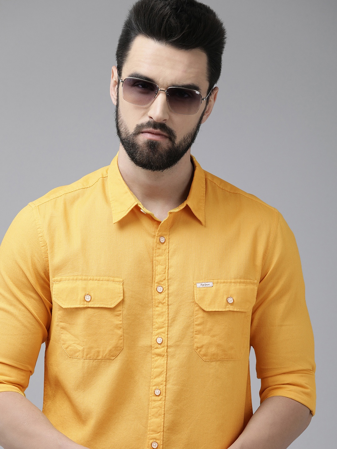 

Pepe Jeans Men Mustard Yellow Textured Pure Cotton Casual Shirt