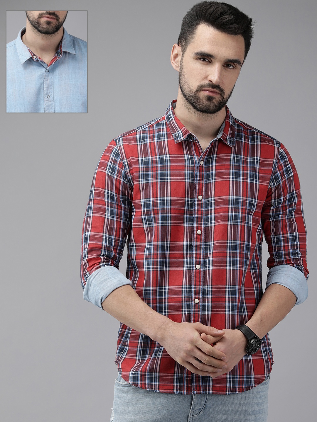 

Pepe Jeans Men Red & Blue Checked Pure Cotton Reversible Casual Shirt