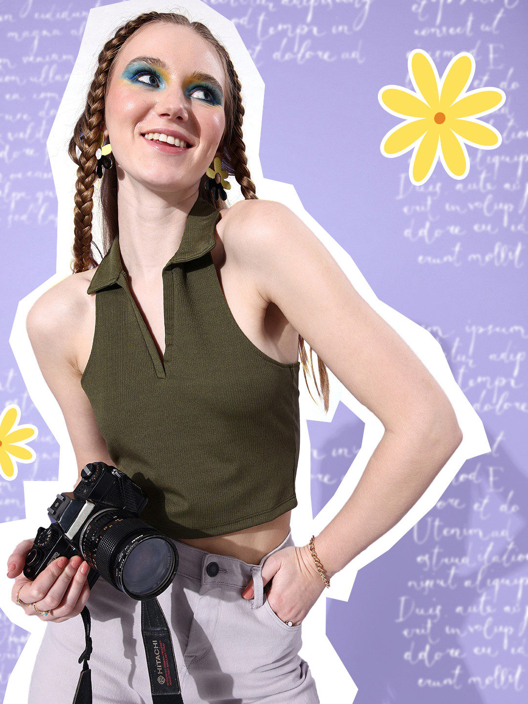 

4WRD by Dressberry Olive Green Striped Preppy College Cool Super Cropped Underbust Curve Crop Top
