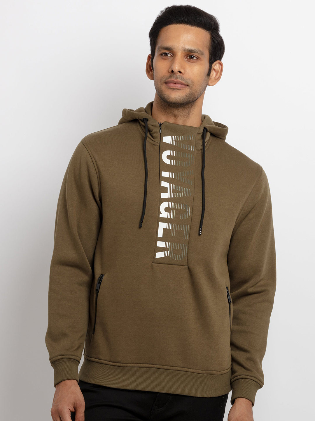 

Status Quo Men Olive Green Printed Hooded Sweatshirt