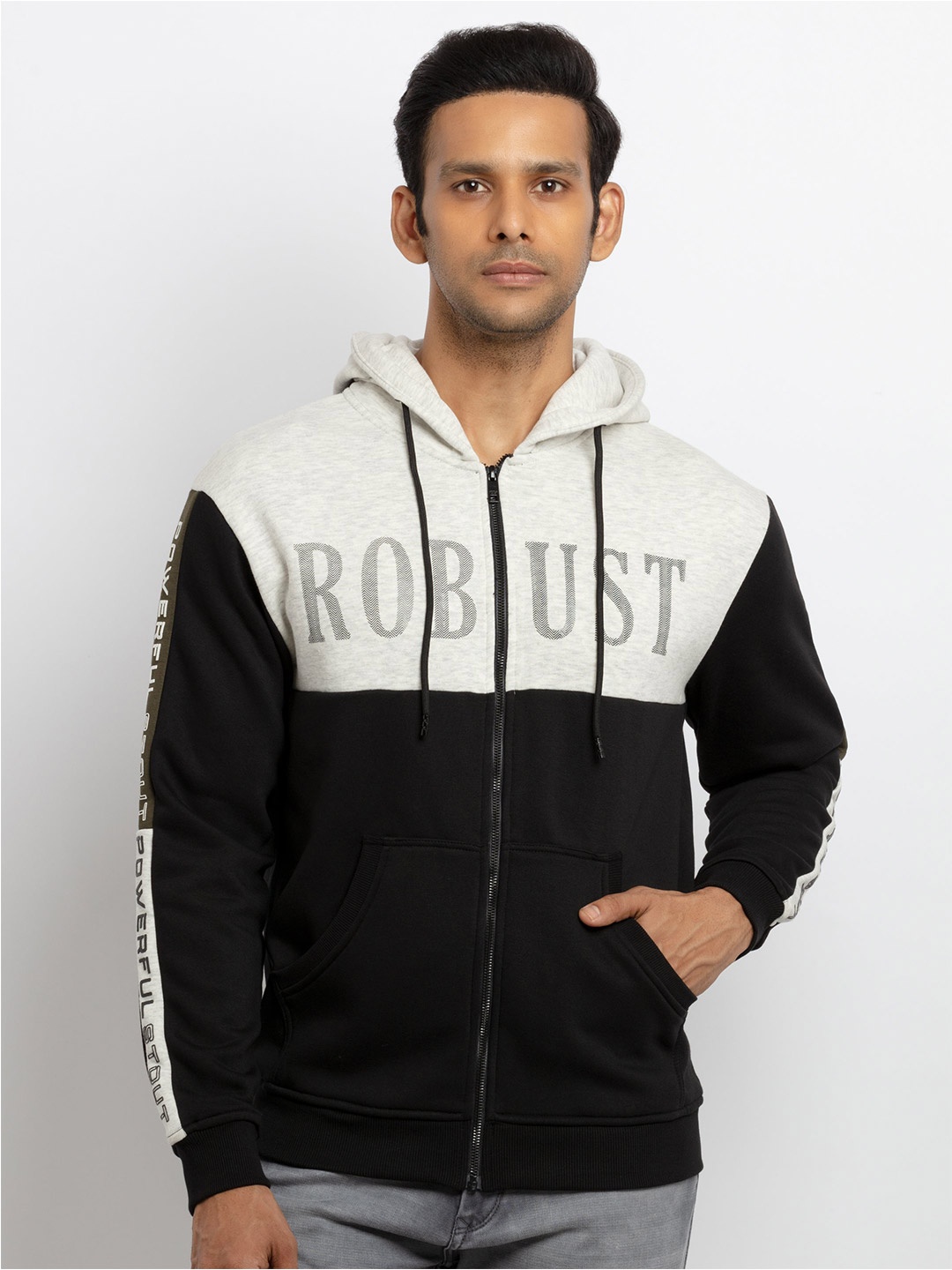 

Status Quo Men Black & White Colourblocked Hooded Cotton Sweatshirt
