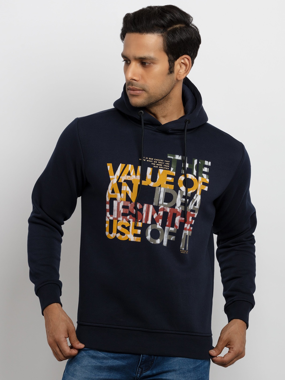 

Status Quo Men Navy Blue Printed Pull Over Hooded Sweatshirt