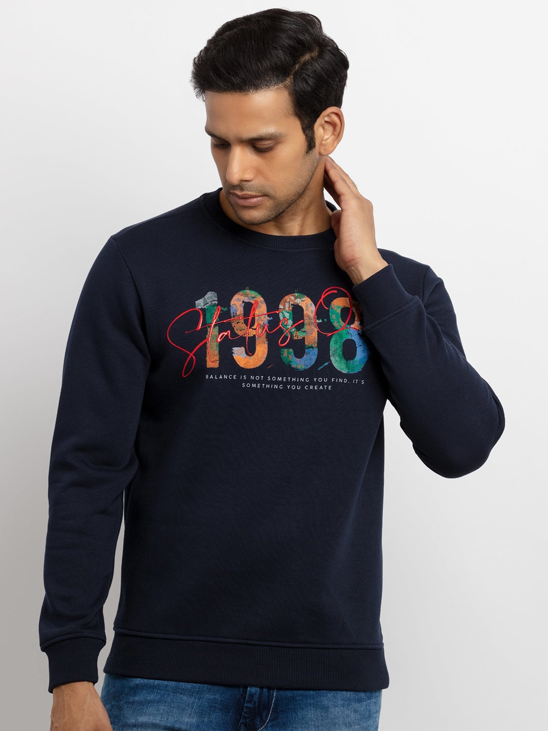 

Status Quo Men Navy Blue Printed Cotton Sweatshirt