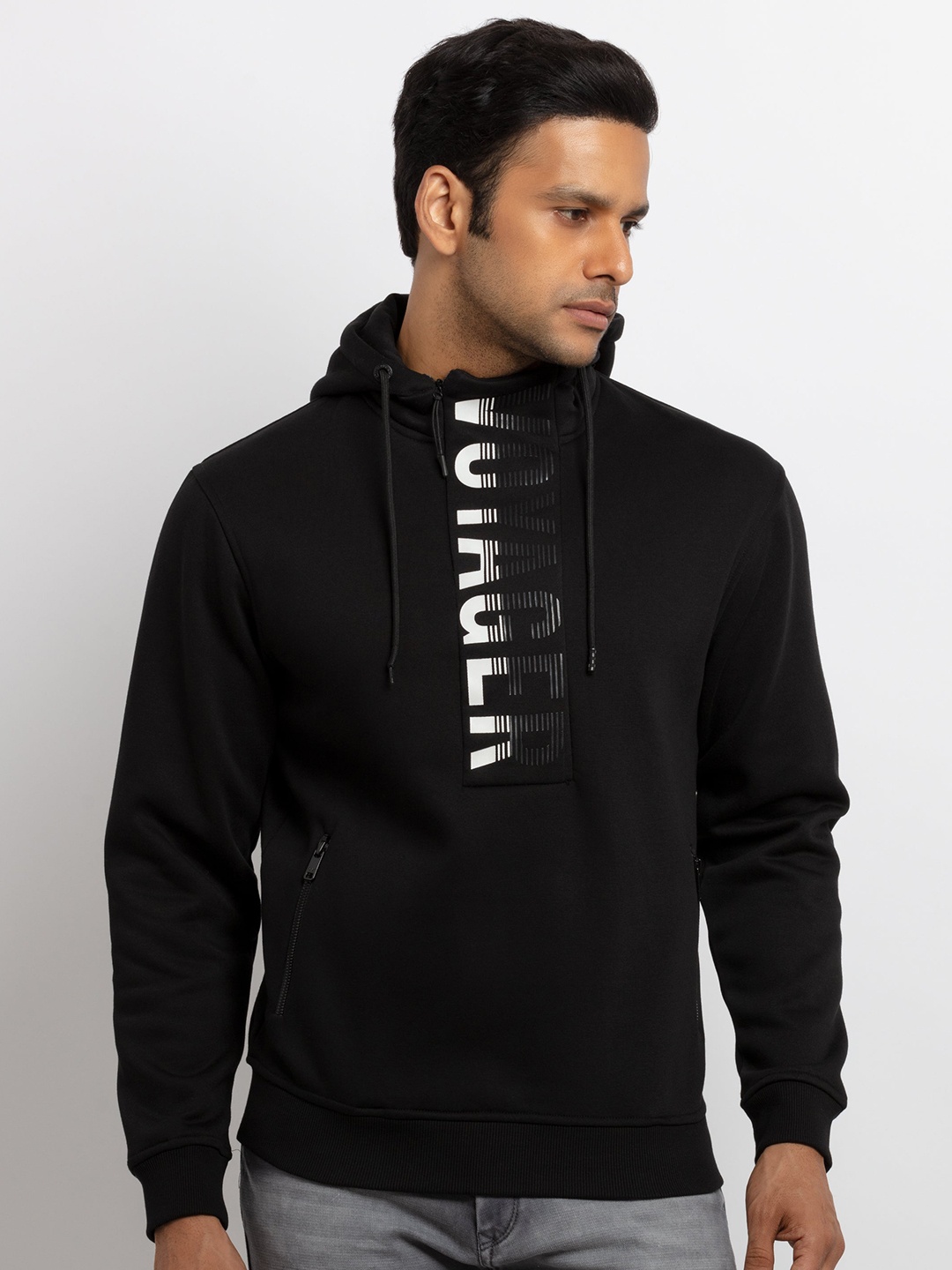 

Status Quo Men Black Printed Hooded Cotton Sweatshirt