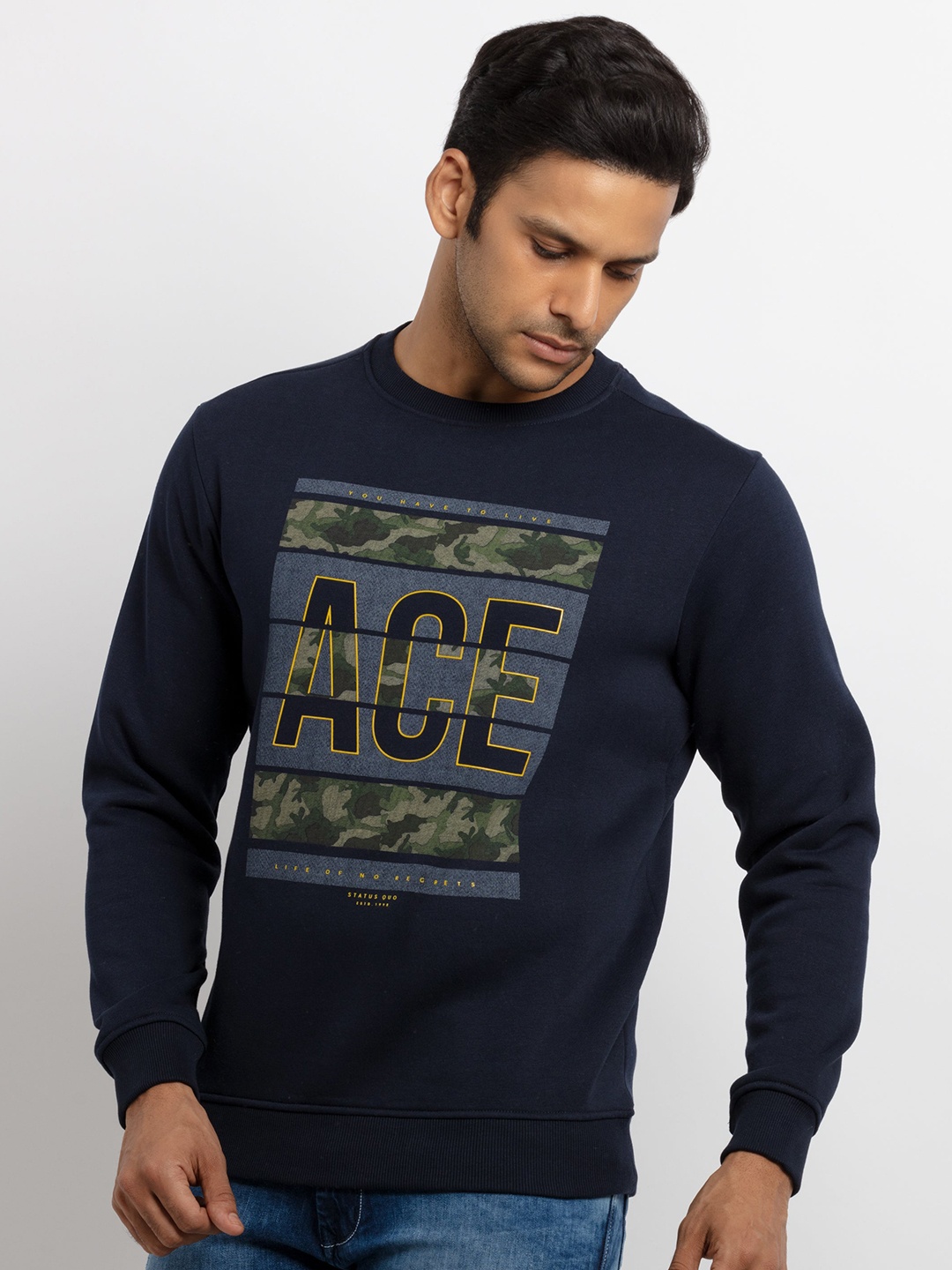 

Status Quo Men Navy Blue Printed Sweatshirt