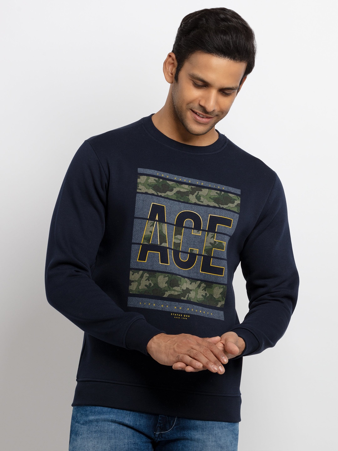 

Status Quo Men Navy Blue Printed Sweatshirt