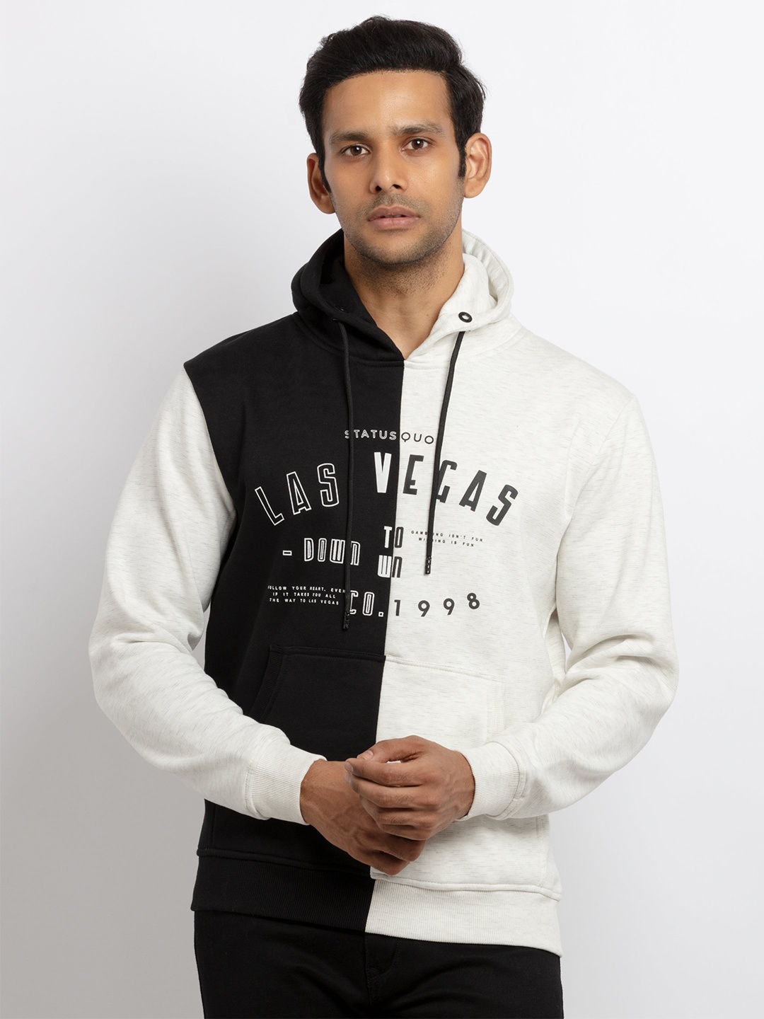 

Status Quo Men Black Printed Mix & Match Hooded Sweatshirt