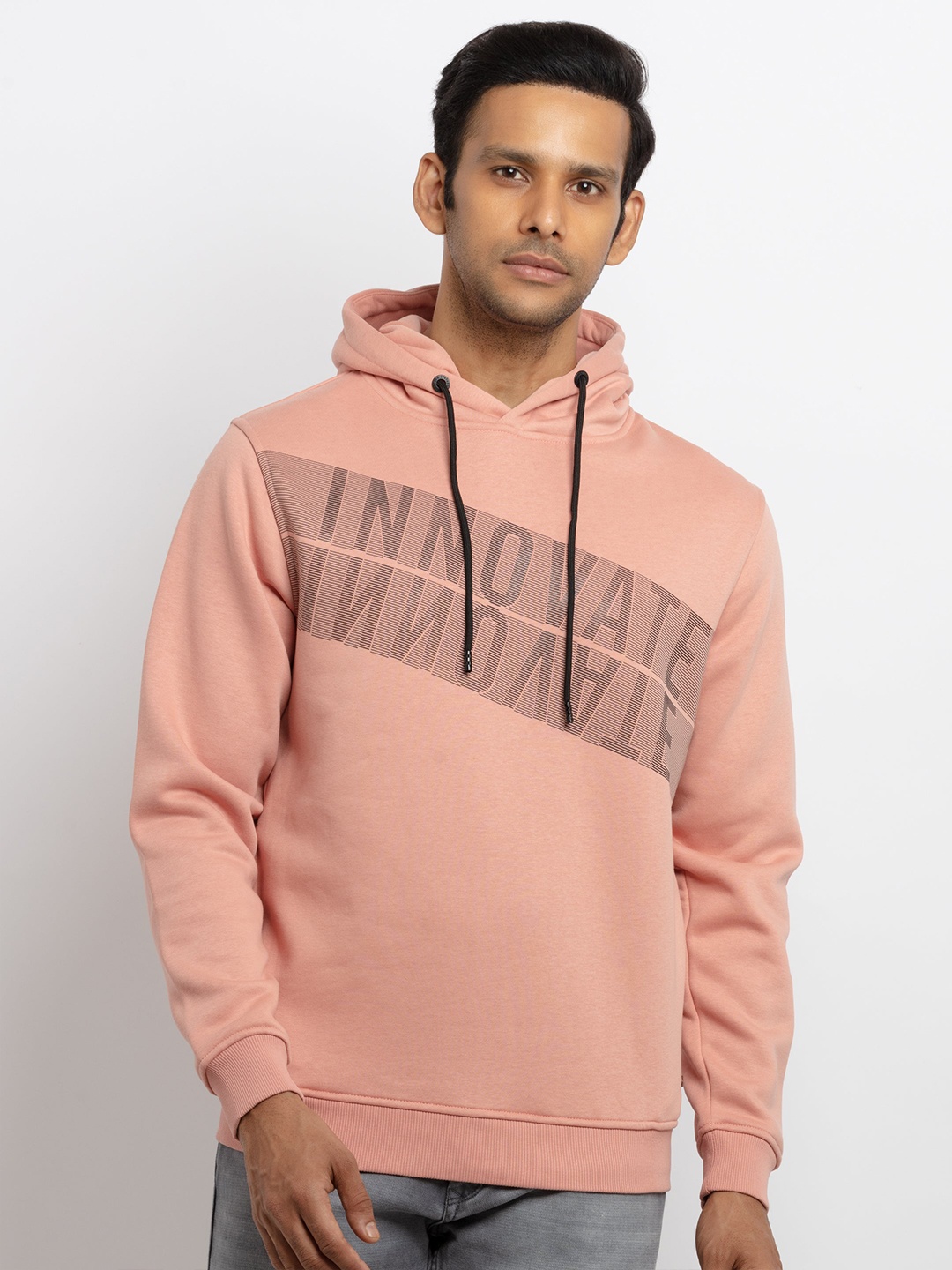 

Status Quo Men Pink Printed Hooded Sweatshirt