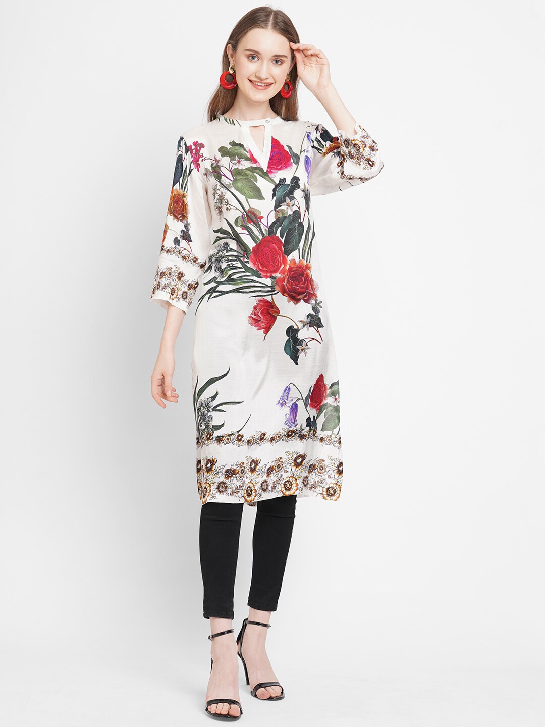 

Cloth Haus India Women White & Red Floral Printed Keyhole Neck Kurta