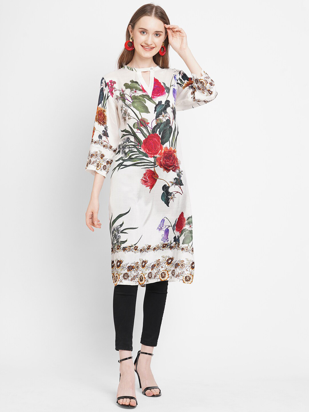 

Cloth Haus India Women White & Red Floral Printed Kurta