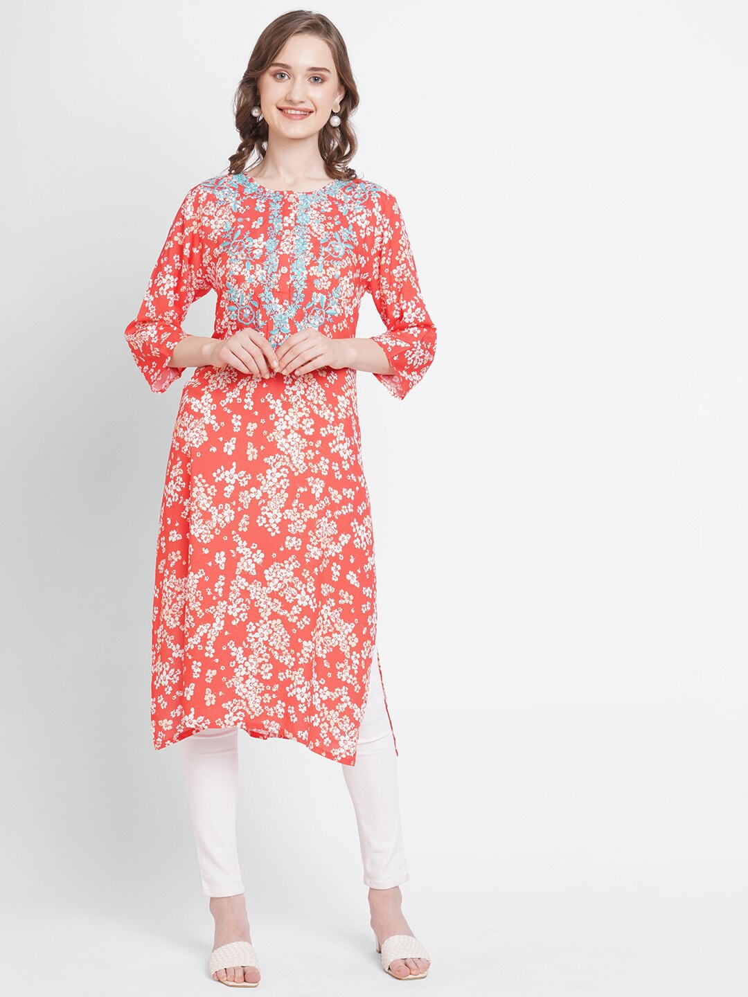 Cloth Haus India Women Red Floral Embroidered Thread Work Floral Kurta