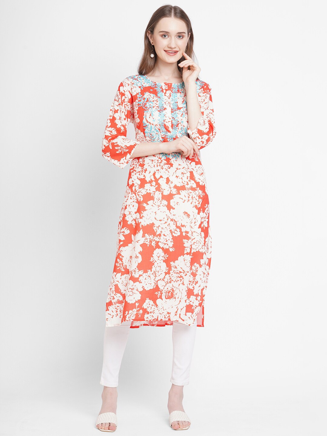 

Cloth Haus India Women Orange & White Floral Printed Kurta