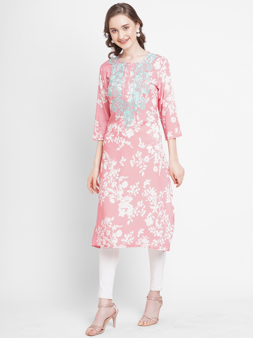 

Cloth Haus India Women Pink & White Floral Printed and Thread Work Kurta