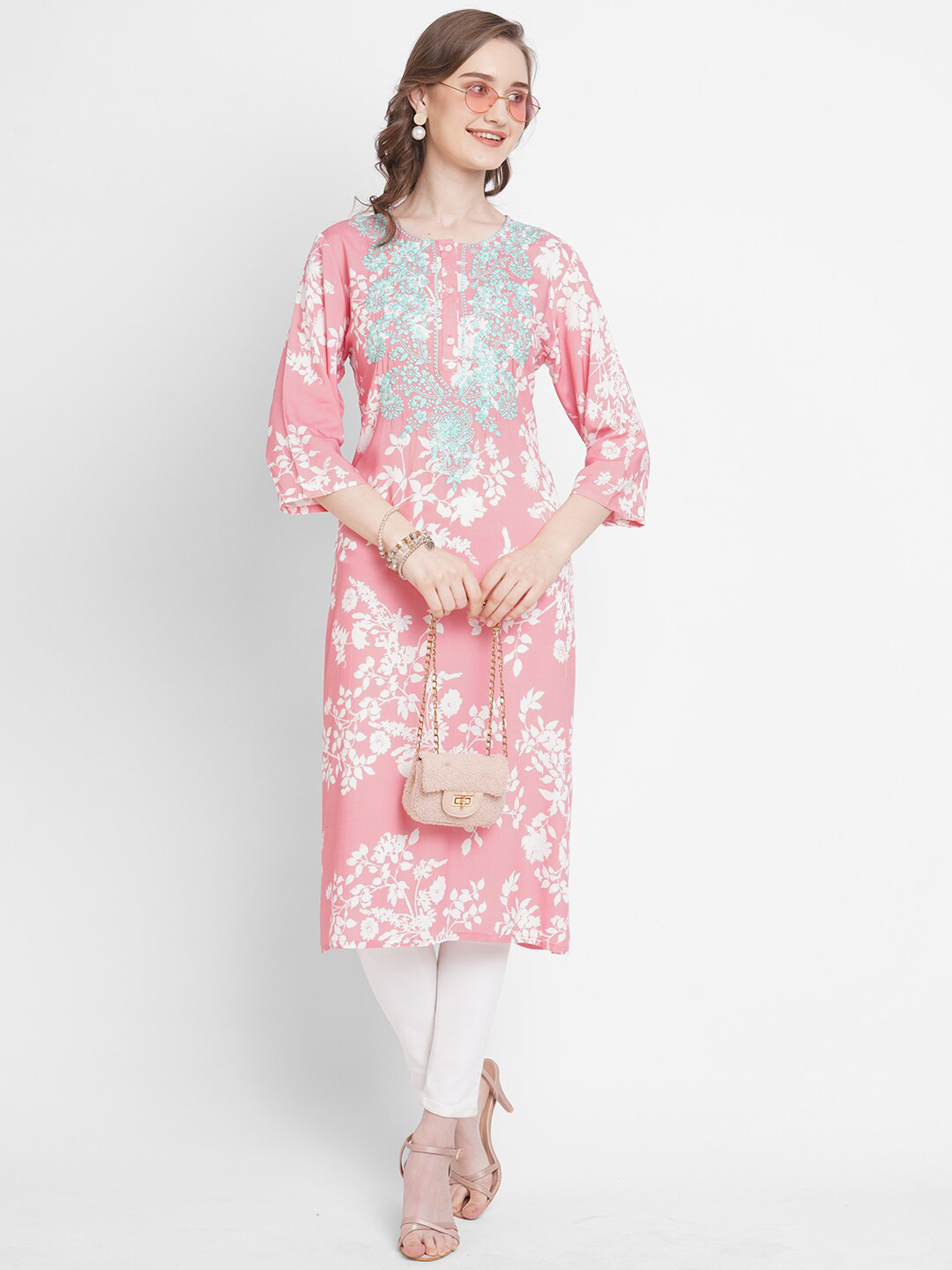 

Cloth Haus India Women Pink & Blue Floral Printed Floral Kurta