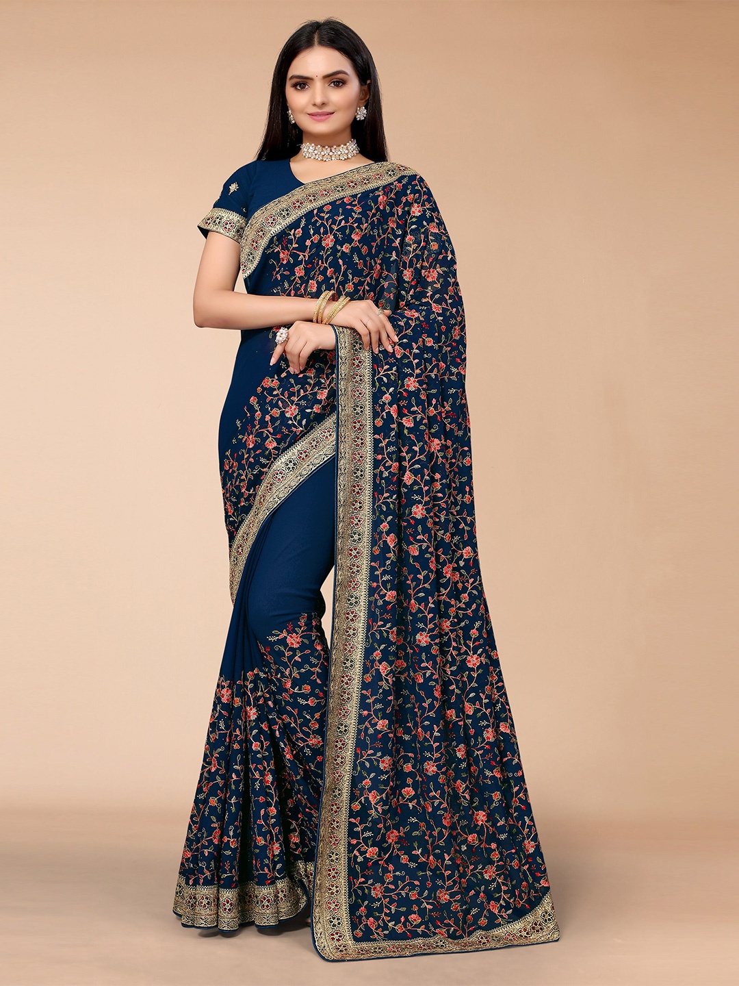 

Mitera Navy Blue & Maroon Kalamkari Embroidered Saree