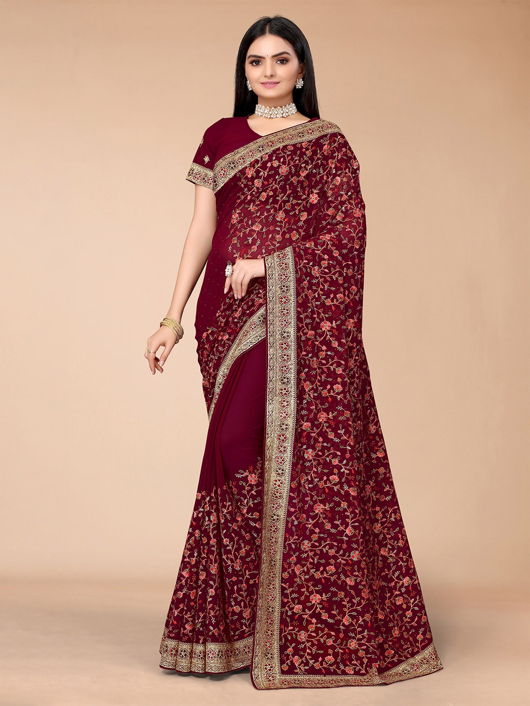 

Mitera Navy Blue & Gold-Toned Floral Embroidered Saree