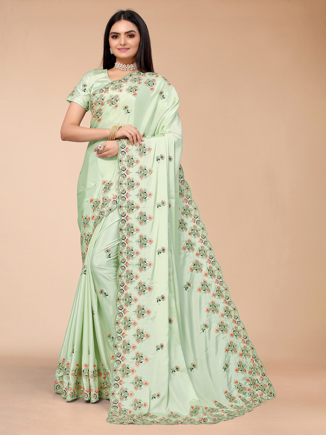

Mitera Green & Orange Floral Embroidered Pure Silk Saree