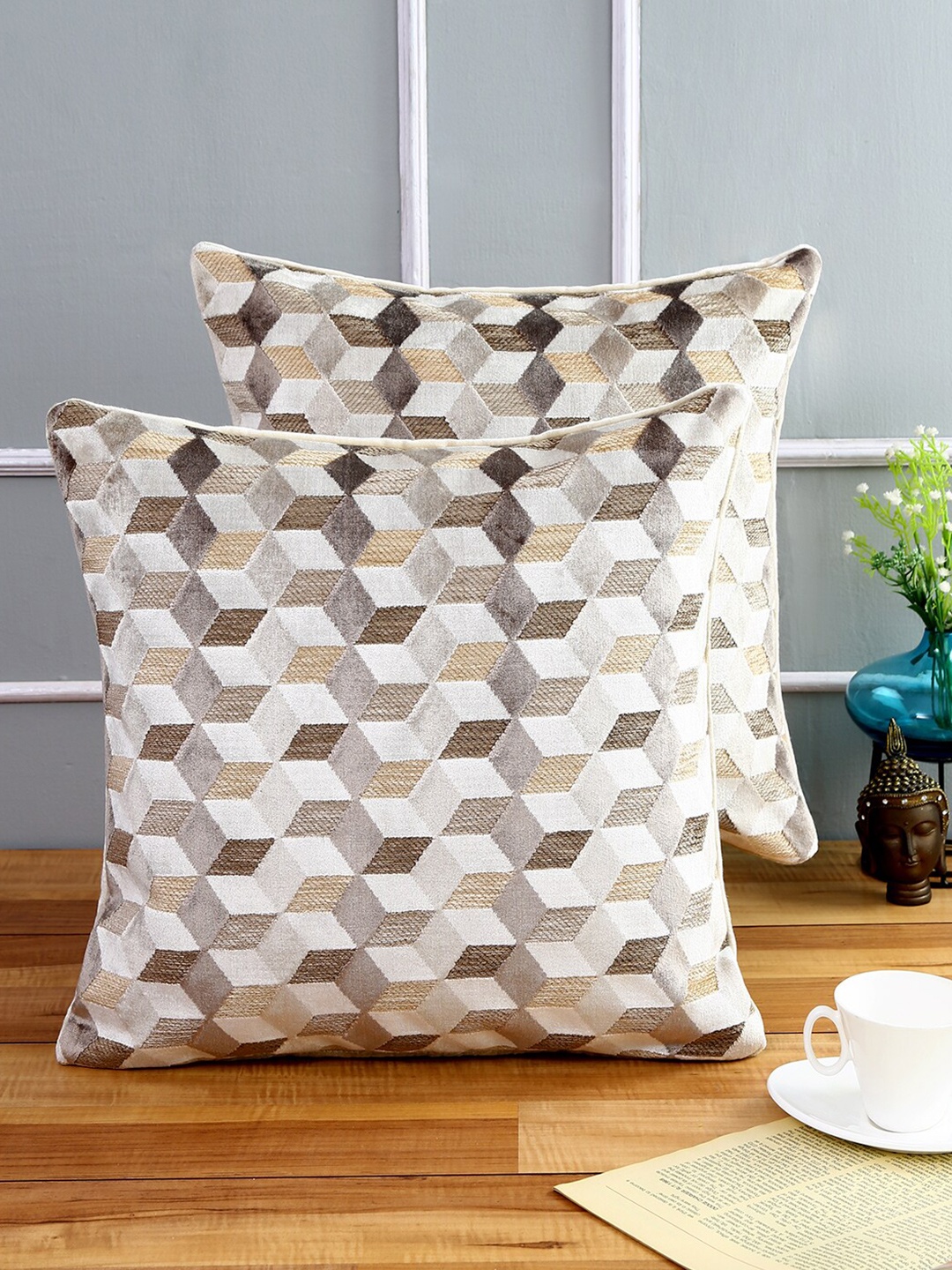 

Just Home Pack of 2 Brown & Grey Geometric Square Cushion Covers