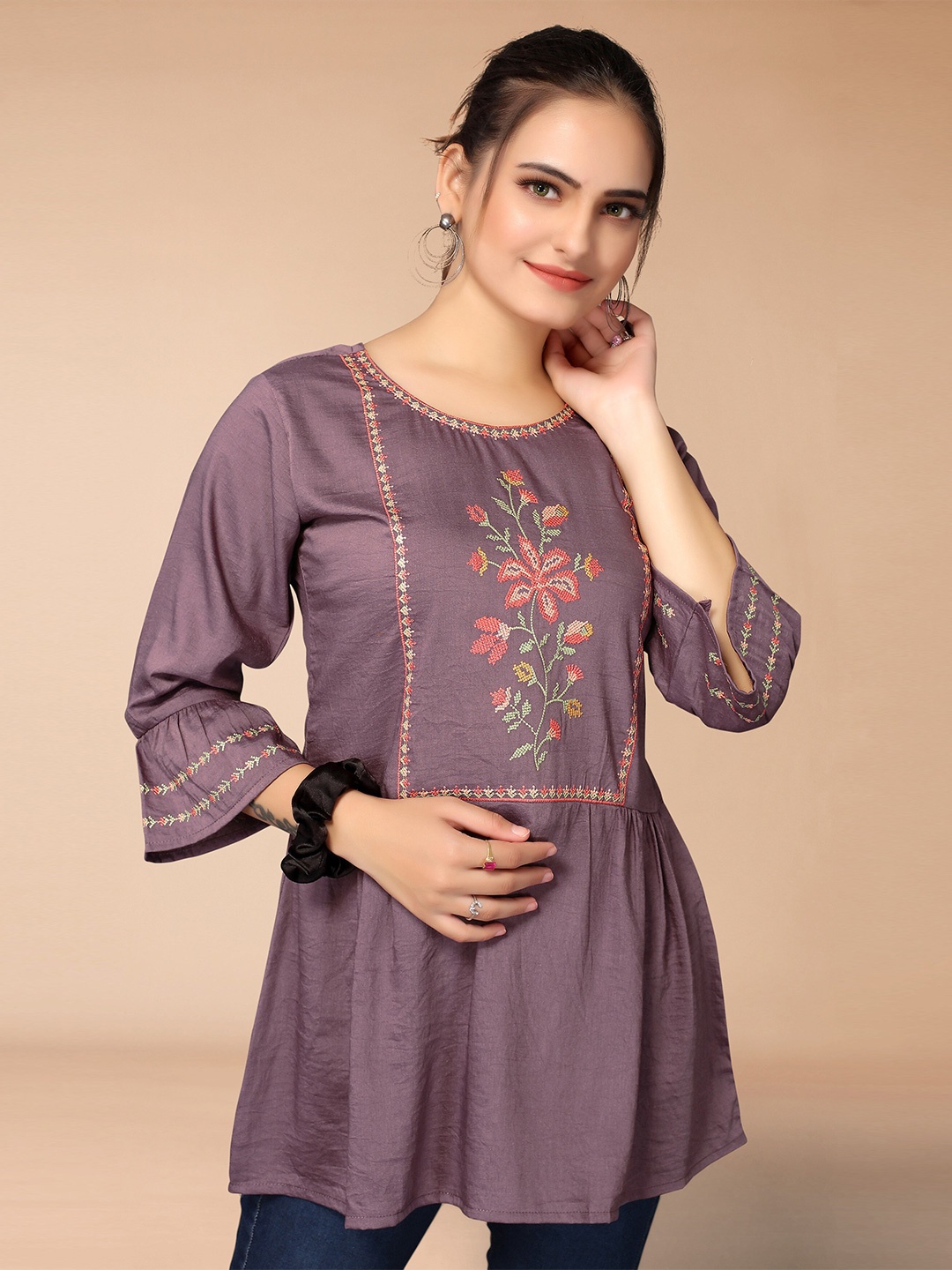 

KALINI Purple Floral Embroidered Short Top