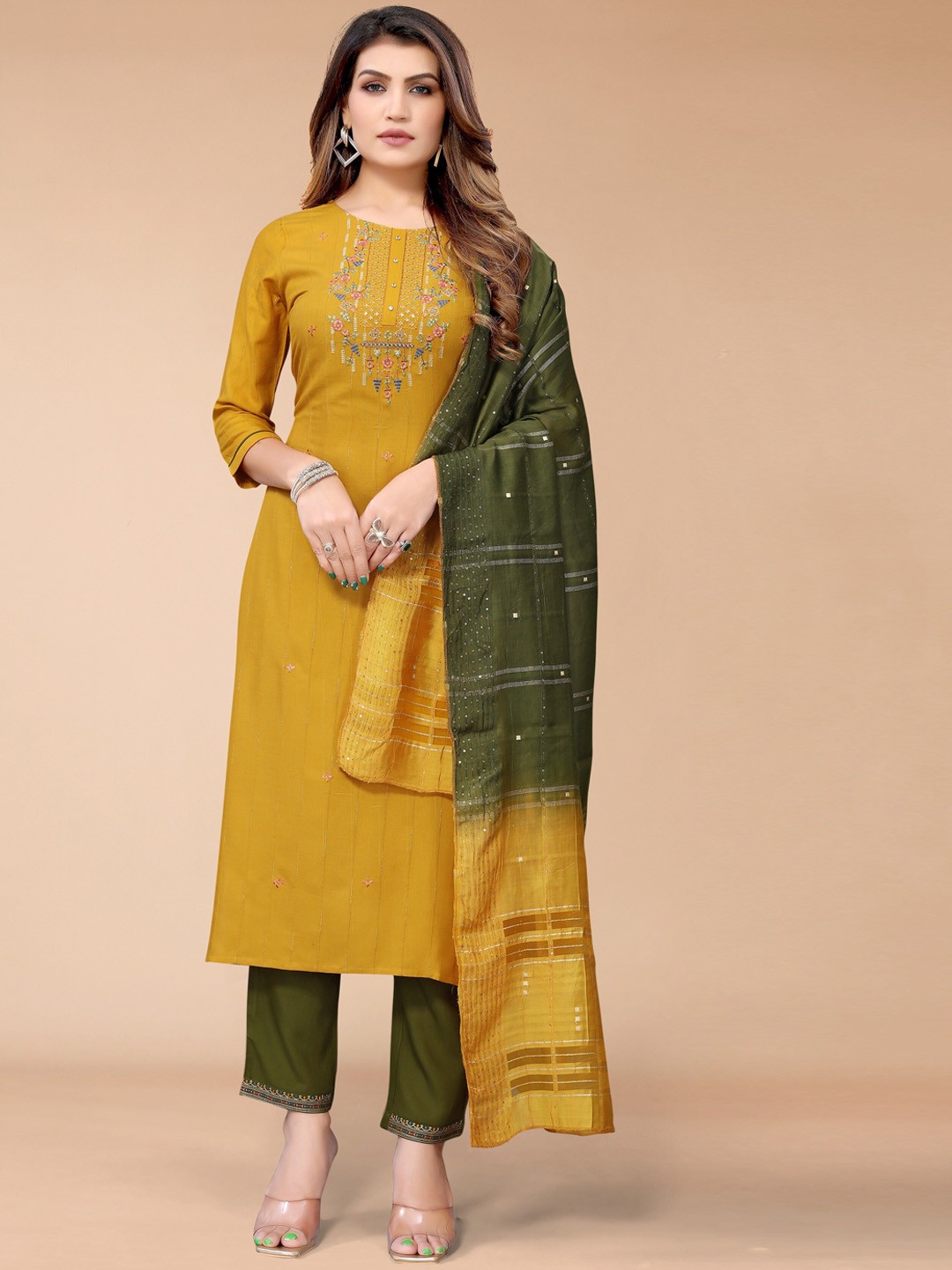 

KALINI Women Mustard Yellow Ethnic Motifs Embroidered Sequinned Kurta with Trousers & With Dupatta