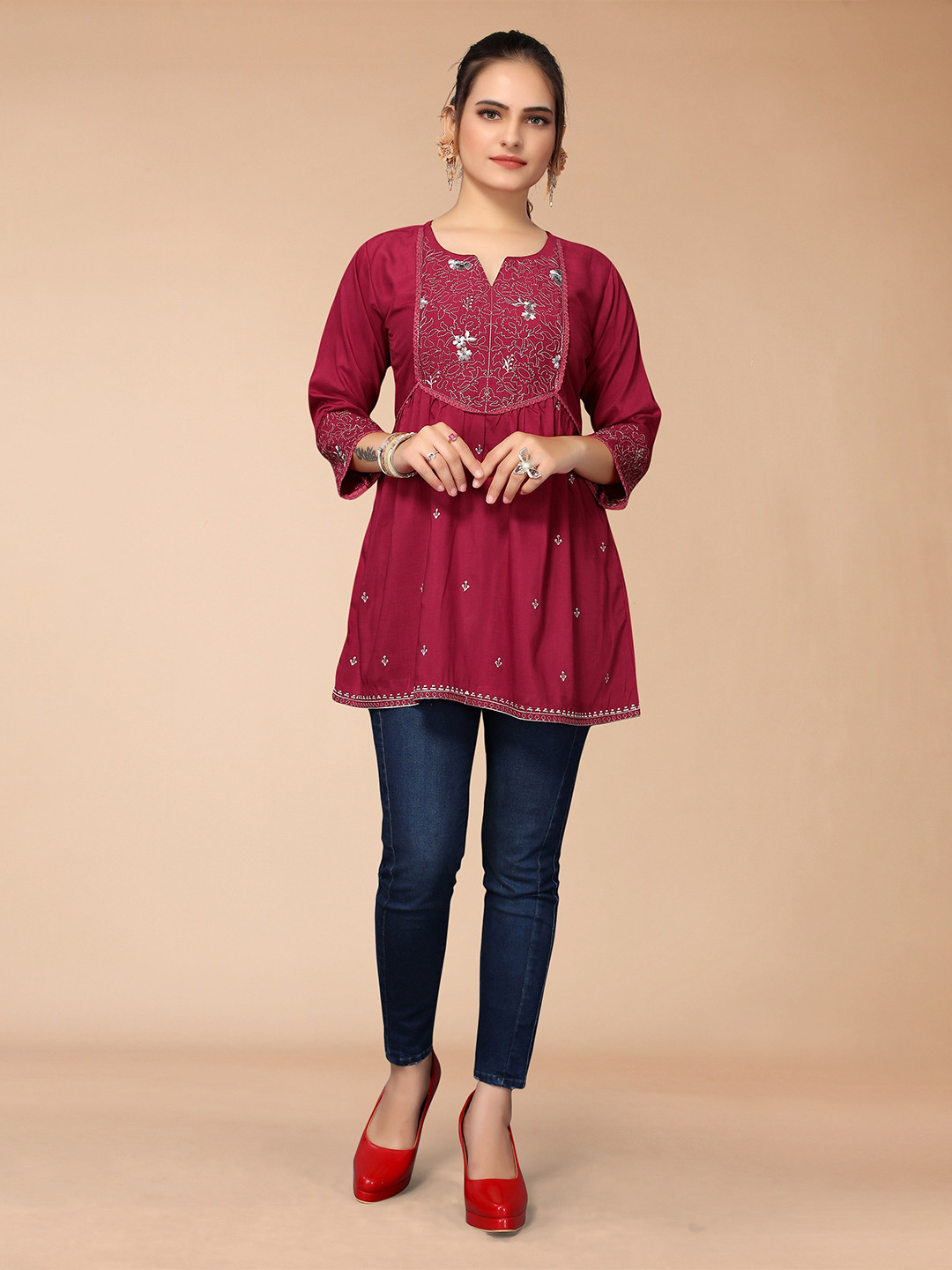 

KALINI Women Maroon & Grey Floral Embroidered Longline Top