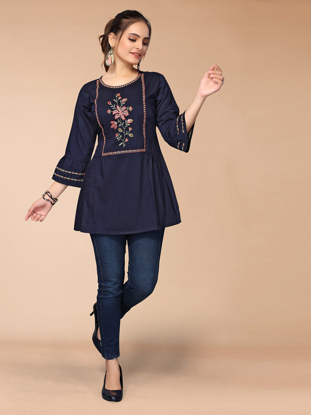 

KALINI Navy Blue & Red Floral Embroidered Indigo Top