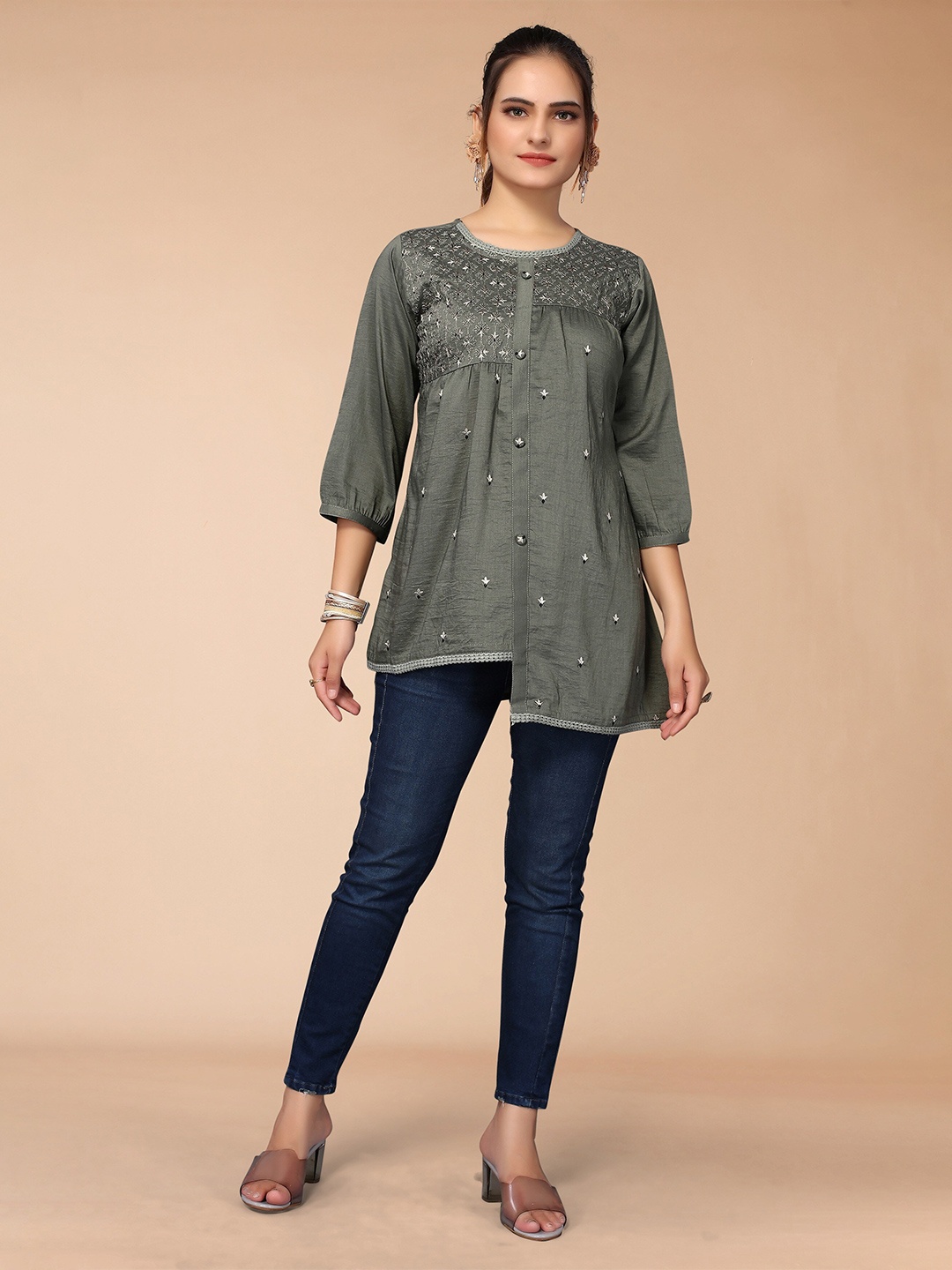

KALINI Olive Green Embellished Bishop Sleeves High-Low Top