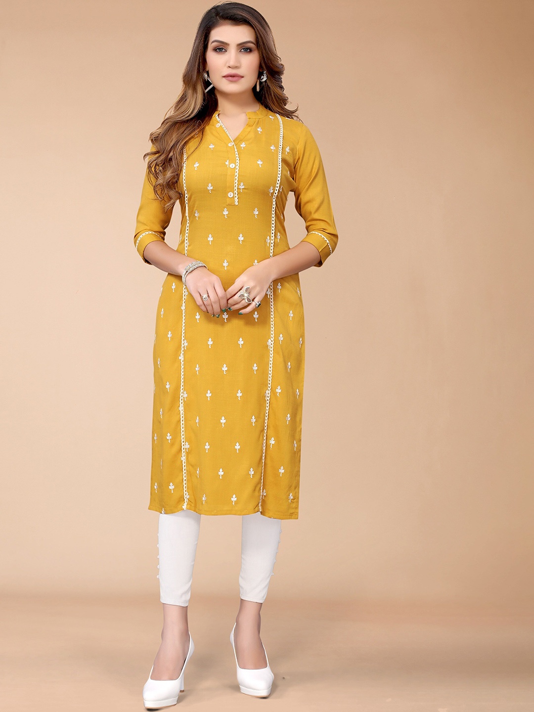 

KALINI Women Mustard Yellow & White Ethnic Motifs Embroidered White Romance Kurta