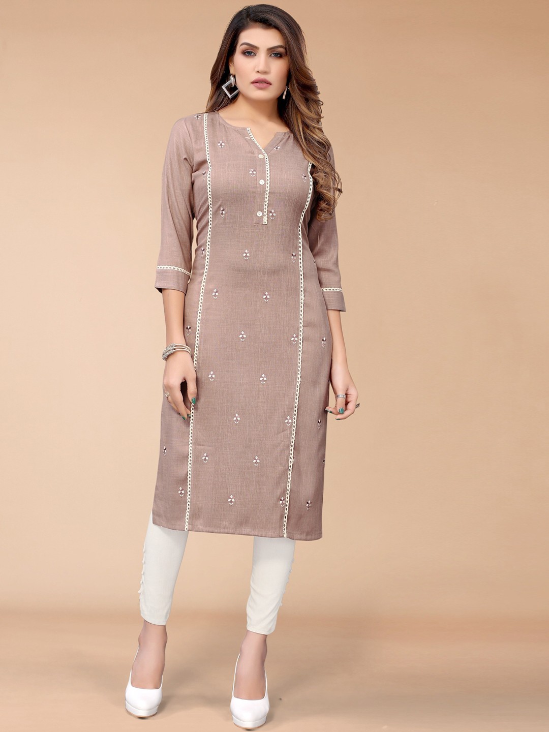 

KALINI Women Brown Ethnic Motifs Embroidered Pastels Kurta