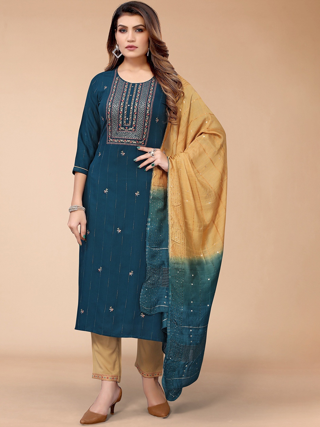 

KALINI Women Teal Embroidered Sequinned Kurta with Pant & With Dupatta