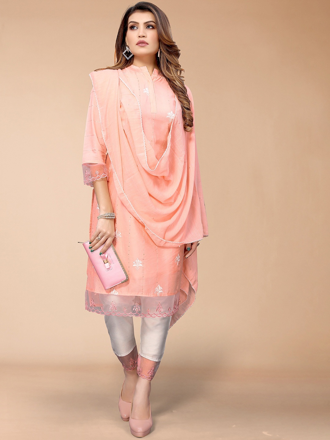 

KALINI Women Peach-Coloured Floral Embroidered Sequinned Kurta with Trousers & With Dupatta